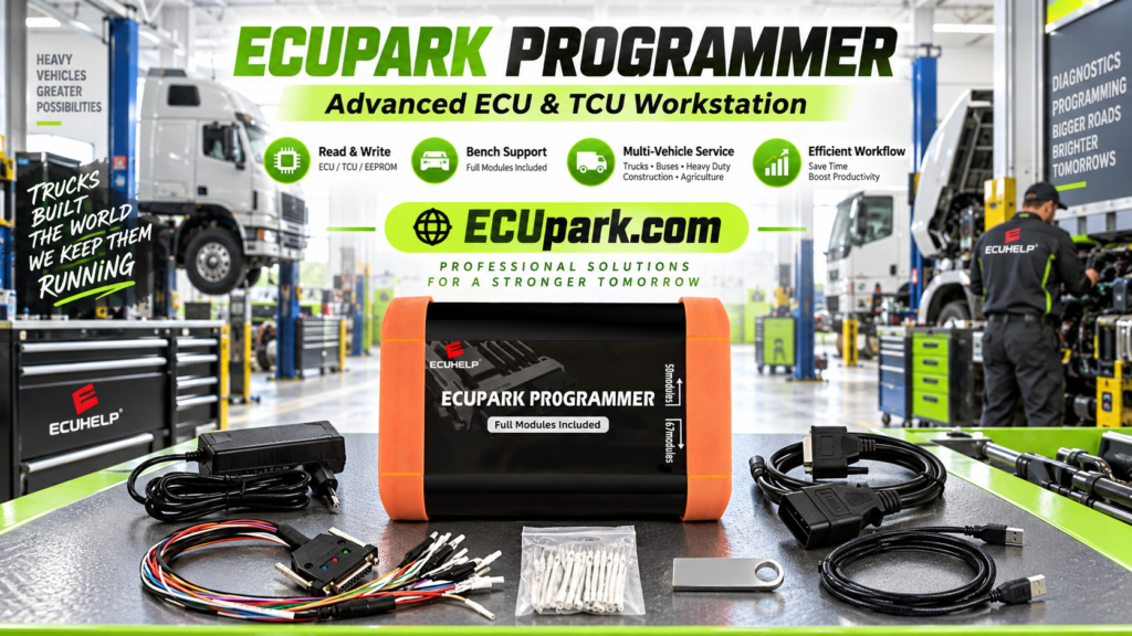 ECUpark programmer connected to a China MG1 or DCM7.1 ECU in a professional Bench programming workshop