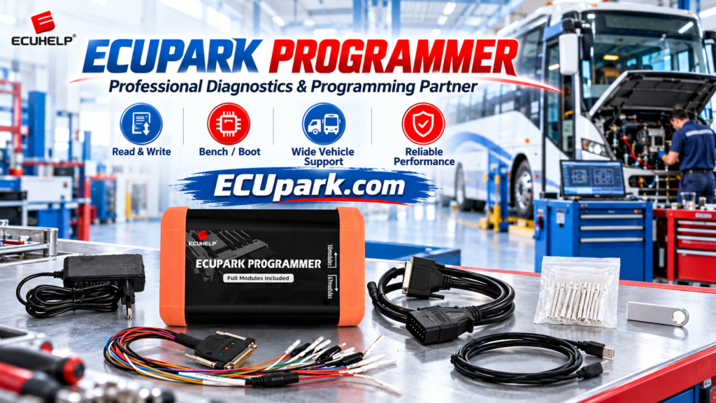 Technician performing pre-scan and post-scan checks after ECUpark programming