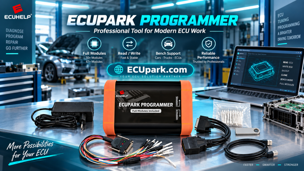 ECUpark ECU programmer workshop setup with ECU, bench harness and stable power supply
