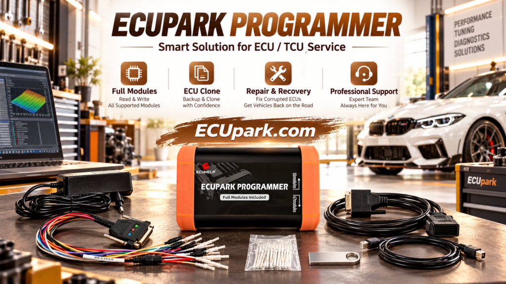 Technician checking ECUpark PCMflash module compatibility before programming