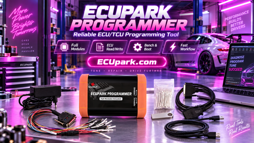 ECUpark programmer connected to a Denso SH725XX or Bosch SH725XX TCU on a professional Bench workstation