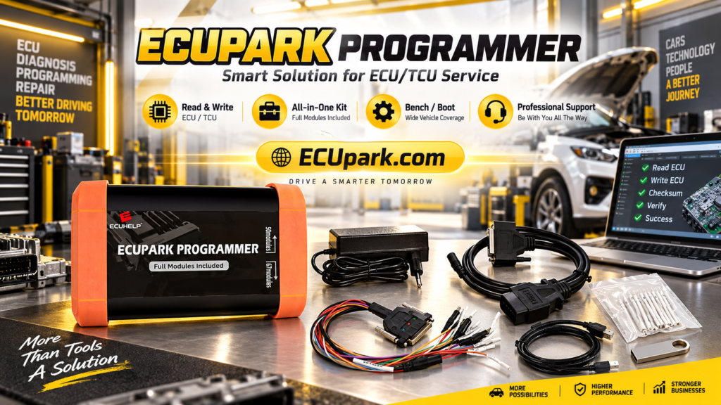 ECUpark programmer connected to a Scania EMS S8 MPC5566 ECU on a professional Bench workstation