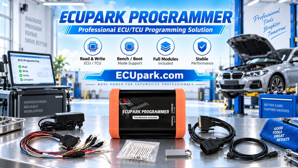 Technician installing ECUpark software and USB driver on a Windows workshop laptop