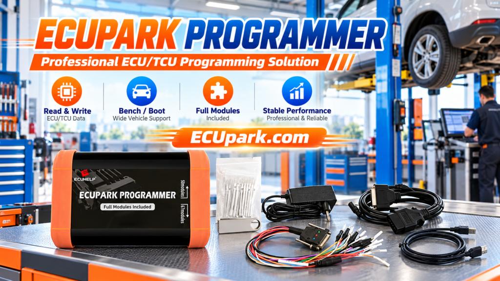 ECUpark technician preparing a transmission TCU programming setup on a workshop bench