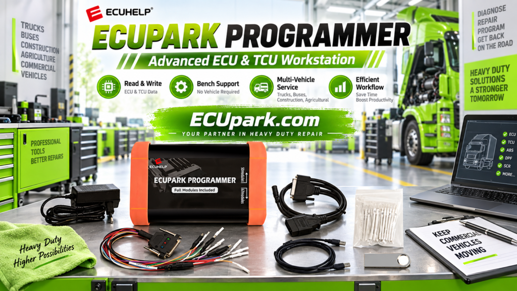 ECUpark ECU programmer connected to a supported TCU on a professional Bench programming workstation