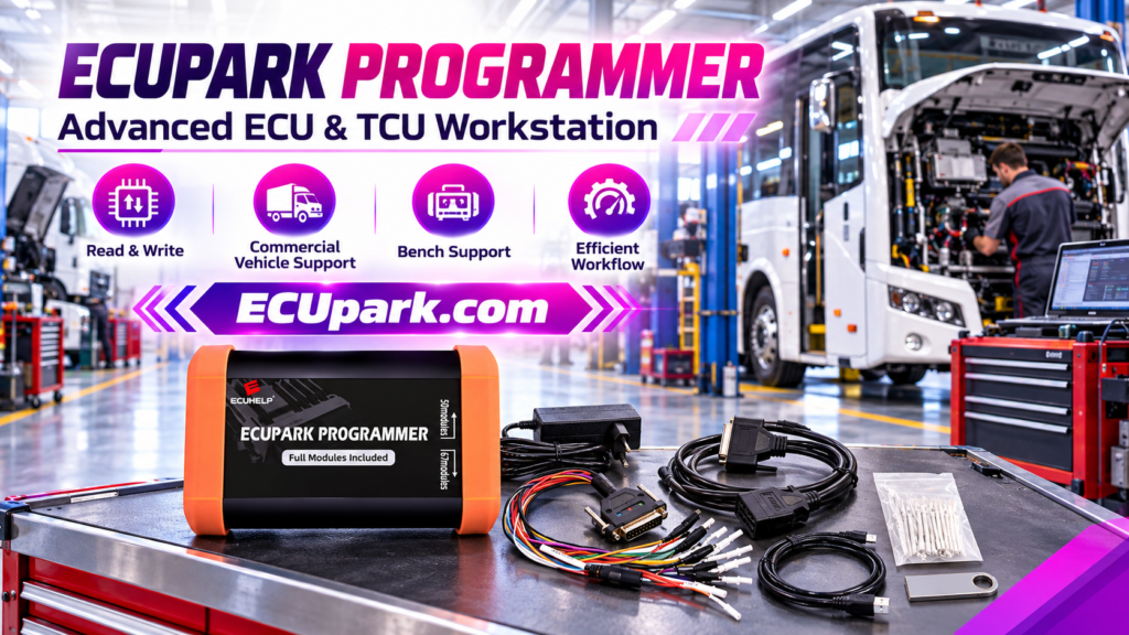ECUpark technician programming a vehicle TCU with PCMflash on a professional workbench