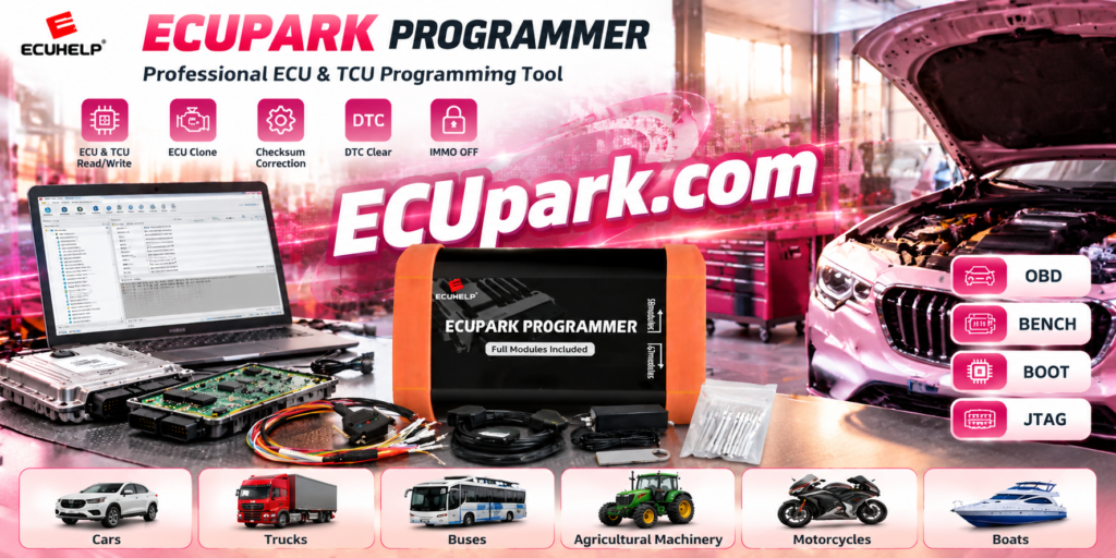 Technician comparing ECUpark and ECUpacket PCMflash module compatibility before ECU programming