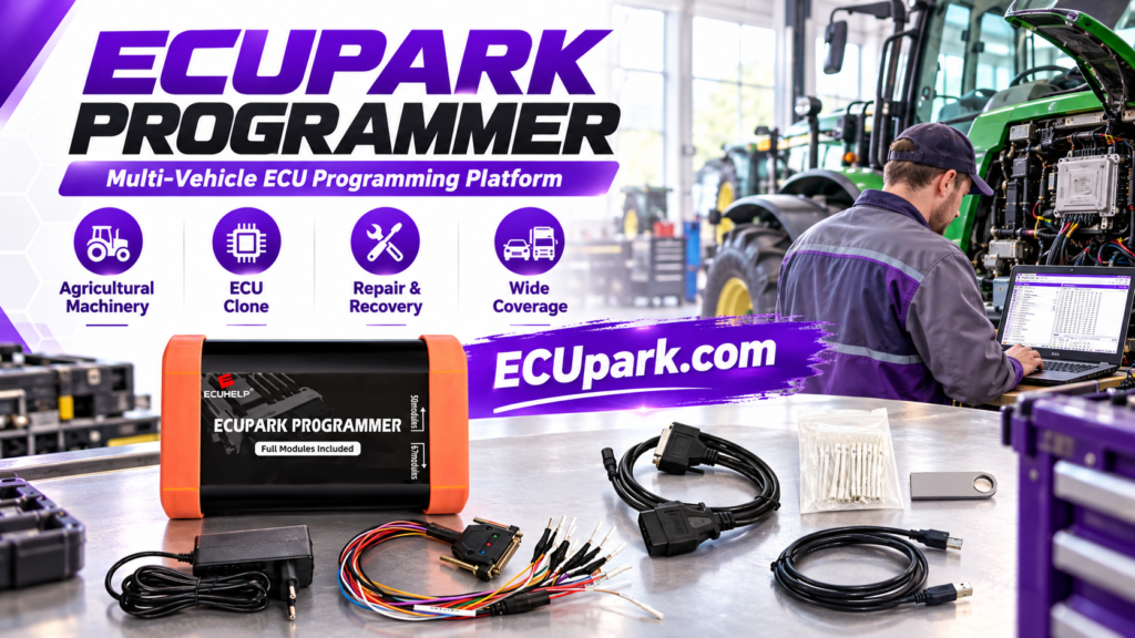 Technician preparing an ECUpark Bench programming setup with ECU cables and a control module