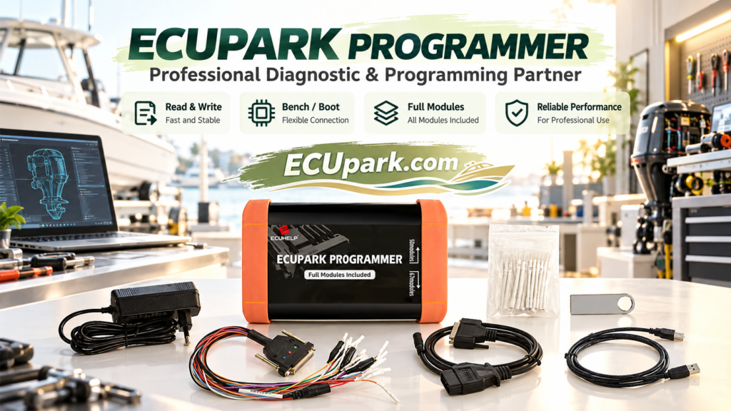 Technician reviewing PCMflash virtual reading information before ECUpark programming