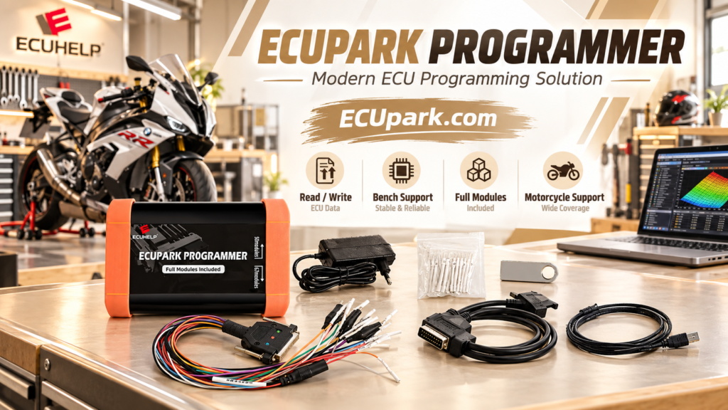 Technician comparing ECUpark and ECUpacket PCMflash module coverage before selecting ECU programming hardware